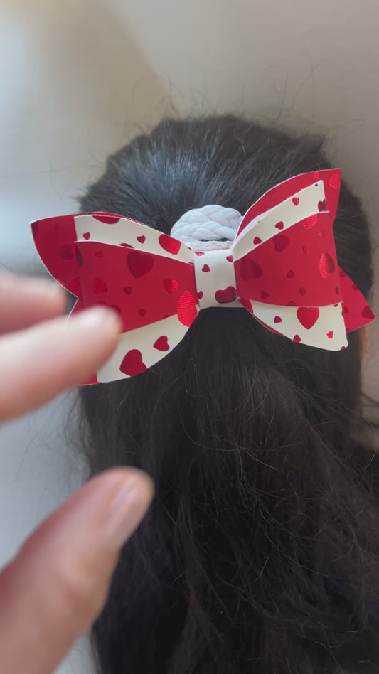 Red Hearts On White Chic Hairbow Double Layer